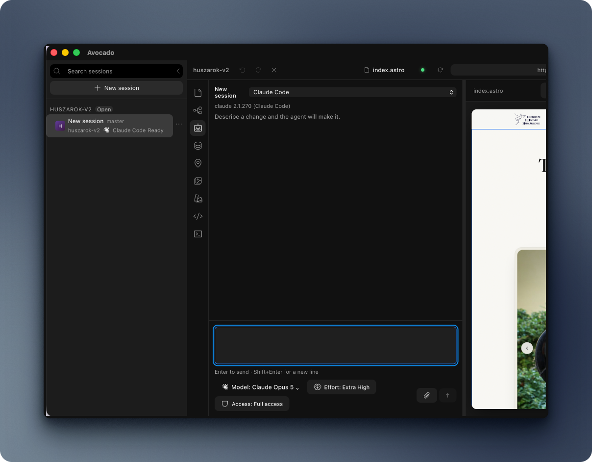 Avocado agent session: a new Claude Code session with model, effort and access controls beside the live page.
