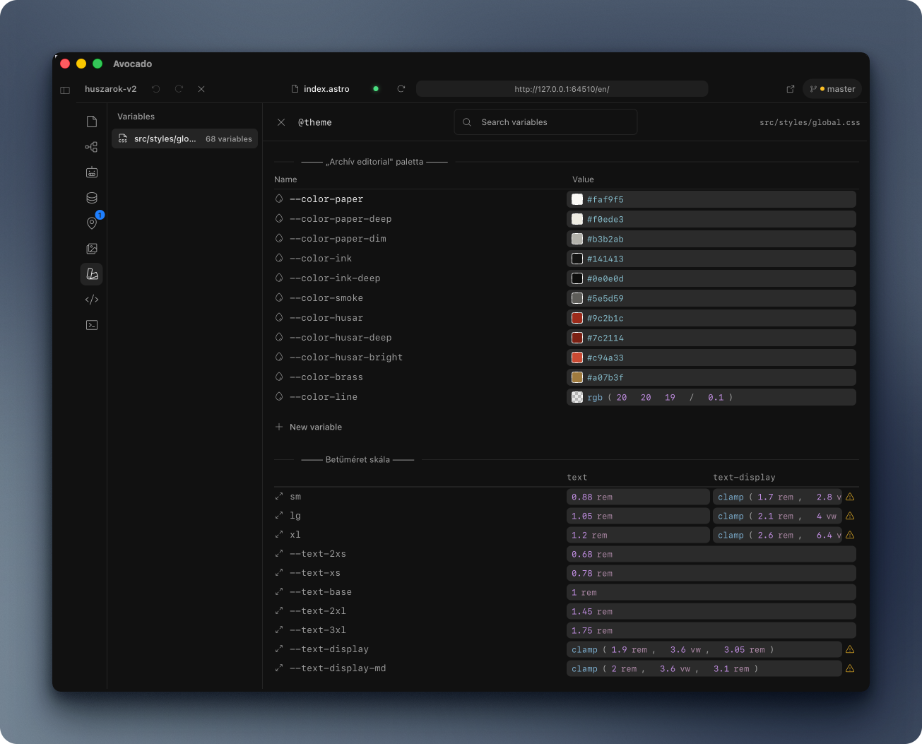 Avocado variables panel listing CSS custom properties with color swatches and type scale values.