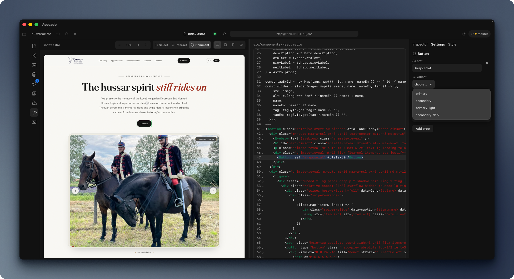 Avocado workspace with live canvas, source code pane and inspector — the real Astro repository, no export.