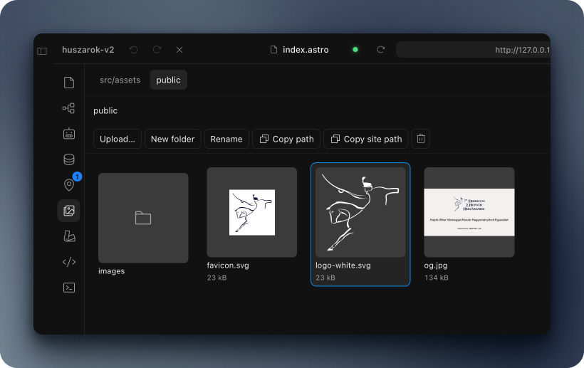 Avocado assets panel browsing the real public folder with rename, delete and copy-path actions on repository files.