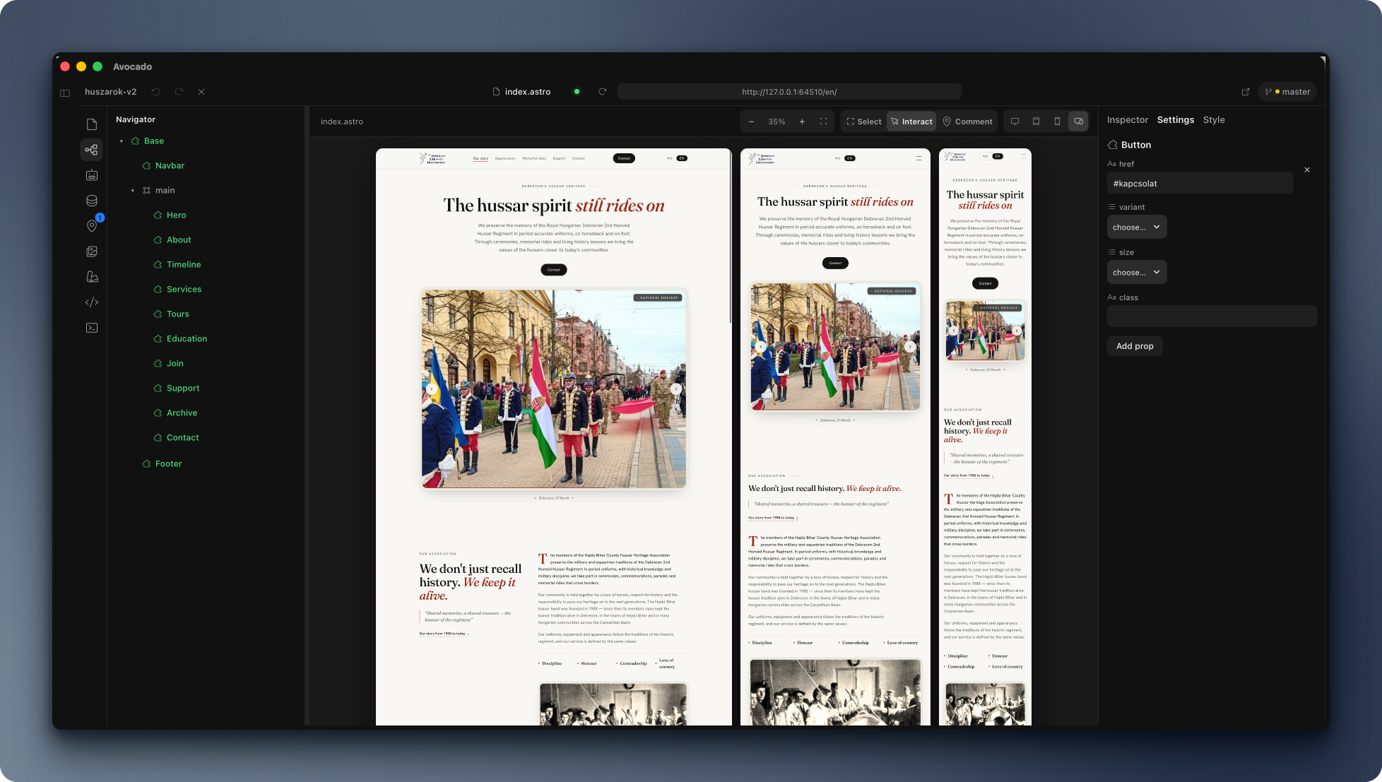 Avocado canvas showing desktop, tablet and mobile previews of a page with a selected element and style inspector.